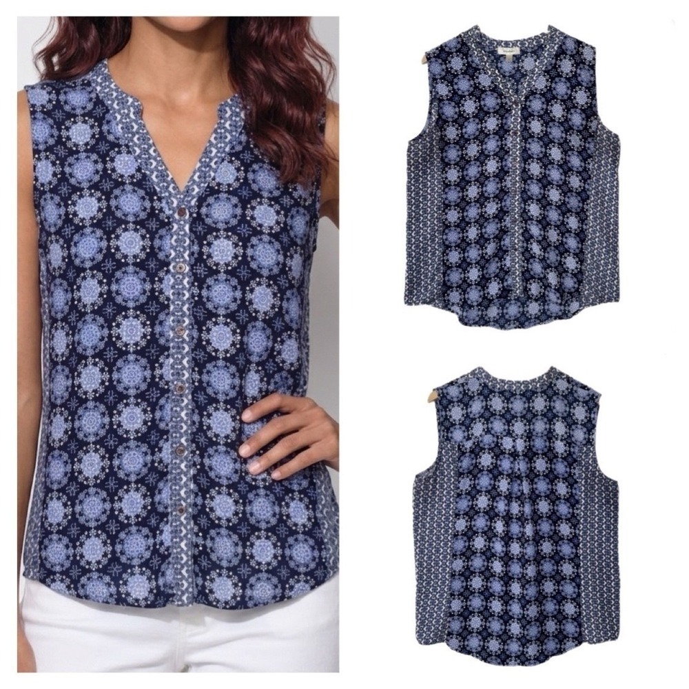 Dressbarn Blouse Women Petite XL Blue Sleeveless‎ Medallion Print Button Down